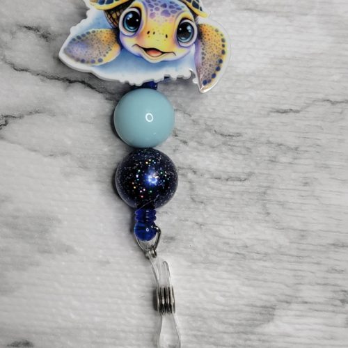 Beaded Badge Reel w/ ONE Interchangeable - Blue Turtle