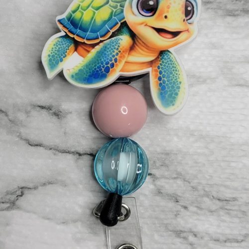 Beaded Badge Reel w/ ONE Interchangeable - Green Turtle