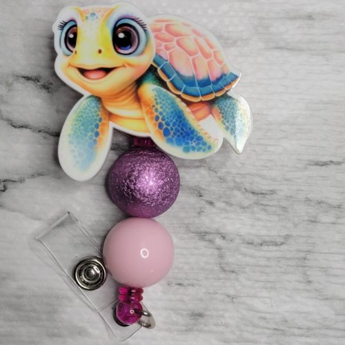 Beaded Badge Reel w/ ONE Interchangeable - Pink Turtle